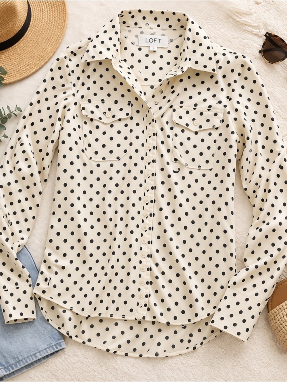 LOFT Polka Dot Button Up Blouse | Size Sm | Sheer Lightweight Top | Classic Chic
